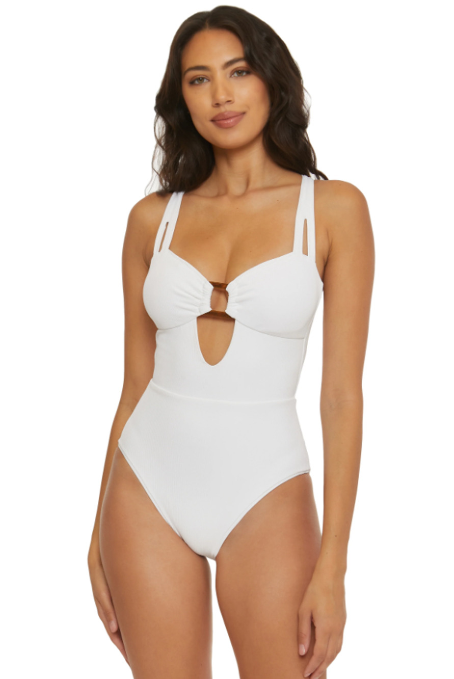 BECCA Women's Modern Edge One Piece Swimsuit Small White Ribbed Buckle NWT